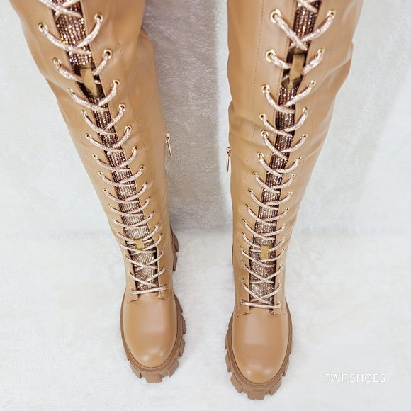 Roscoe Rose Gold Tan Combat ThighHigh Boots Rose Gold Rhinestone Tongue